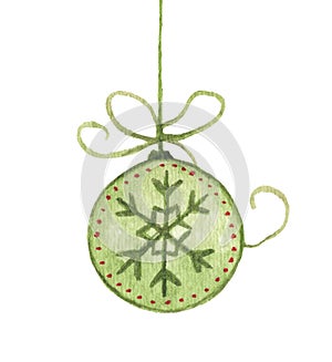 Christmas ball hanging on ribbon isolated on white background