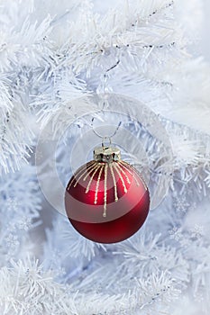 Christmas ball hanging on white tree