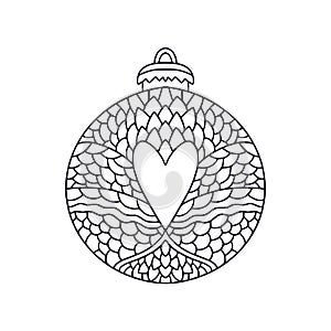 Christmas Ball with heart. New Year Decoration. Coloring book page