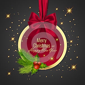 Christmas ball, Holiday round frame. Banner with Red Ribbon and Bow for Happy New Year