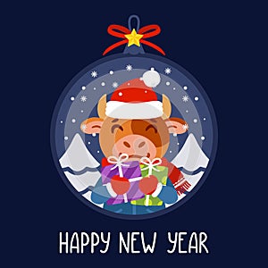 Christmas ball with the image of bull holding gifts. The symbol of the Chinese New Year 2021. Greeting card with a ox for the New