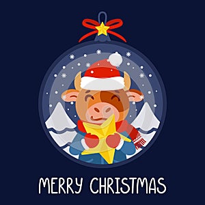 Christmas ball with the image of bull holding a yellow star. The symbol of the Chinese New Year 2021. Greeting card with ox for