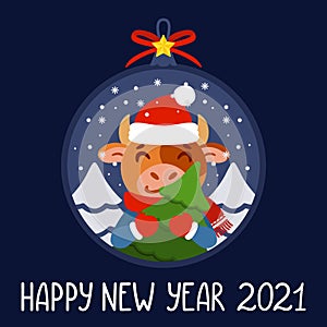 Christmas ball with image bull with tree. Ox with fir tree. Symbol of the Chinese New Year 2021. Xmas greeting card, poster design