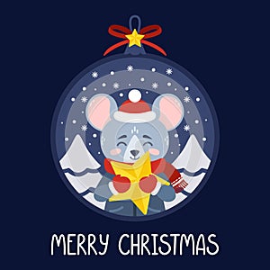 Christmas ball with the image of rat holding a yellow star