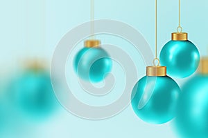 Christmas ball Motion blur effect. Happy New Year and Merry Christmas. Background with realistic 3d blue Xmas jewels balls hanging