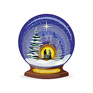 Christmas ball. Nativity scene. Christmas. Mary, Joseph and small Jesus. Forest and snow