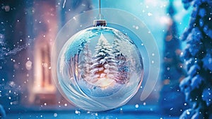 Christmas Ball Ornament Among Snow-Covered Evergreens - Generative AI