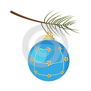 Christmas ball on the pine branch isolated on white background, vector illustration.