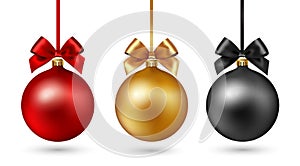 Christmas ball with ribbon and bow on white background. Vector illustration.