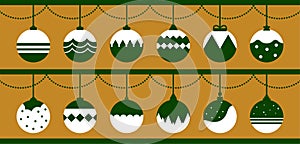 Christmas ball. Set of bauble green balls decorated with white geometric shape, snow hanging isolated on brown background.