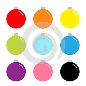 Christmas ball set. Cute colorful rainbow round bauble toy set. Happy New Year sign symbol. Flat design style. White background.