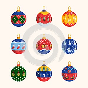 Christmas ball set. Xmas glass ball on white background. Holiday decoration template. Vector illustration