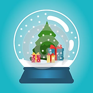 Christmas ball with snow and a Christmas tree. Snow globe with gift boxes. Winter christmas vector illustration.