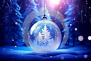 Christmas ball and stars hanging on pine tree,ice flakes,snowfall,shiny light. Generative AI