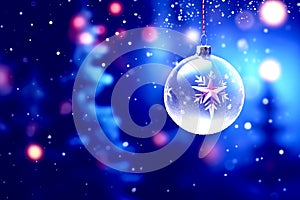 Christmas ball and stars hanging on pine tree,ice flakes,snowfall,shiny light. Generative AI