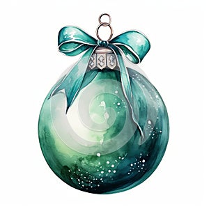Christmas Ball toy in emerald green and silver colors with white background Watercolor illustration. Christmas decoration.