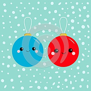Christmas ball toy icon set. Funny smiling face head. Cute cartoon character. Red and blue. Winter snow background. Flat design st