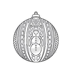 Christmas Ball toy with snowman. New Year Decoration. Coloring book page for adult or kids