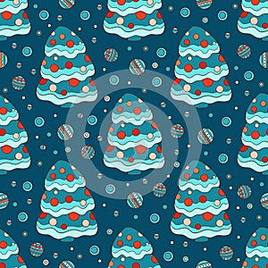 Christmas ball tree seamless pattern. Vector illustration for your holiday design. Fir tree xmas decoration