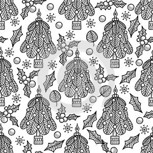 Christmas ball tree seamless pattern. Vector illustration for your holiday design. Fir tree xmas decoration with berry