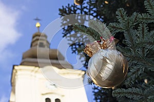 Christmas ball under the pine tree