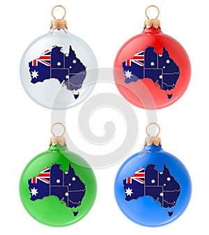 Christmas balls with Australian map, 3D rendering