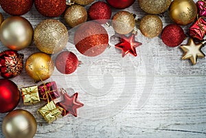 Christmas balls background concept on wooden desk.