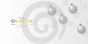 Christmas balls background, Hanging white christmas balls and snowflakes, vector