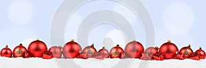 Christmas balls banner red decoration light blue background snow