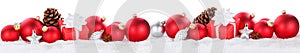 Christmas balls baubles decoration gifts presents ornaments banner isolated on white