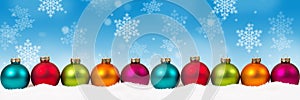 Christmas balls baubles many colorful background copyspace copy space banner decoration snowflakes snow winter