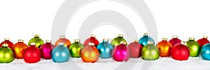 Christmas balls baubles in winter with banner copyspace copy space decoration isolated on a white background