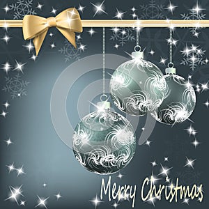 Christmas balls with bow and ribbon background