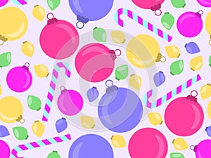 Christmas balls and Candy cane seamless pattern. Christmas ornaments for greeting cards, wrapping paper, banners and posters.