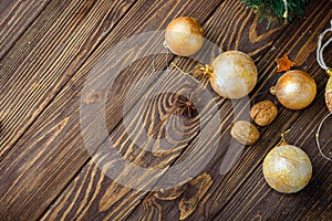 Christmas balls decor on old wood background