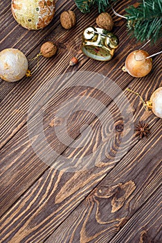 Christmas balls decor on old wood background