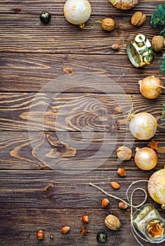 Christmas balls decor on old wood background