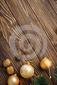 Christmas balls decor on old wood background