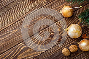 Christmas balls decor on old wood background