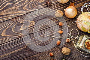 Christmas balls decor on old wood background