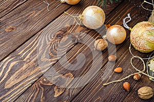 Christmas balls decor on old wood background