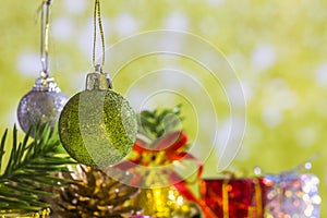 Christmas balls element group set and gold green background