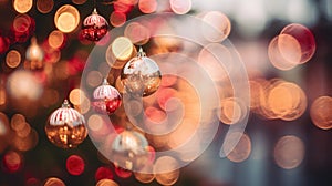 Christmas balls on a festive bokeh background with copyspace