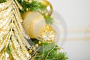 Christmas balls on fir tree. New Year holidays and Christmastime celebration