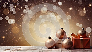 Christmas balls and gift boxes on wooden table with bokeh background