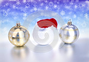 Christmas balls and golf ball with santa red hat on bokeh background. 3D illustration