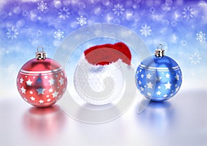 Christmas balls and golf ball with santa red hat on bokeh background. 3D render