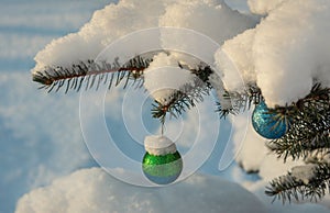 Christmas balls on a growing tree