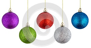 Christmas balls hanging on a white background.