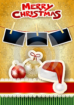 Christmas balls, hat, photo frames and text on paper background.